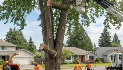 Professional arborists performing safe tree removal with crane and chainsaws in Redmond, WA