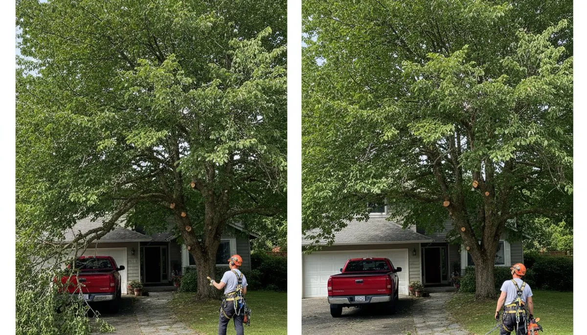 Arborist lifting tree canopy for driveway clearance during tree trimming in Redmond, WA