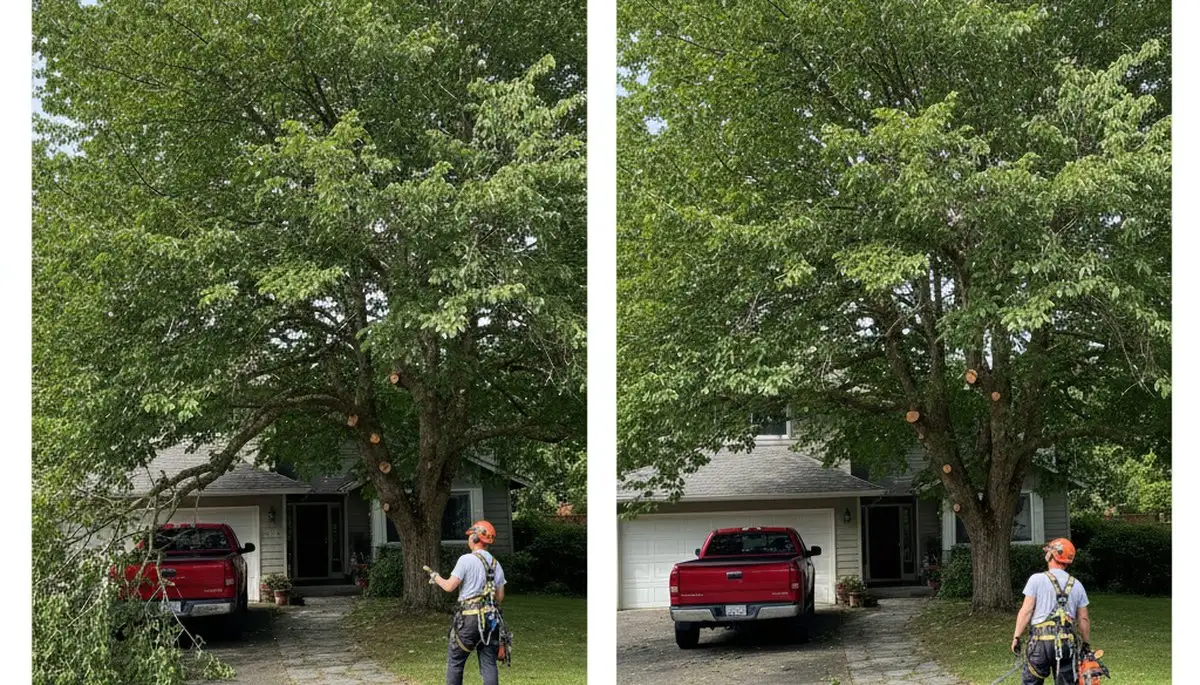 Arborist lifting tree canopy for driveway clearance during tree trimming in Redmond, WA