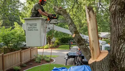 Arborist removing dead branches from mature tree in Redmond, WA for safe, professional tree trimming