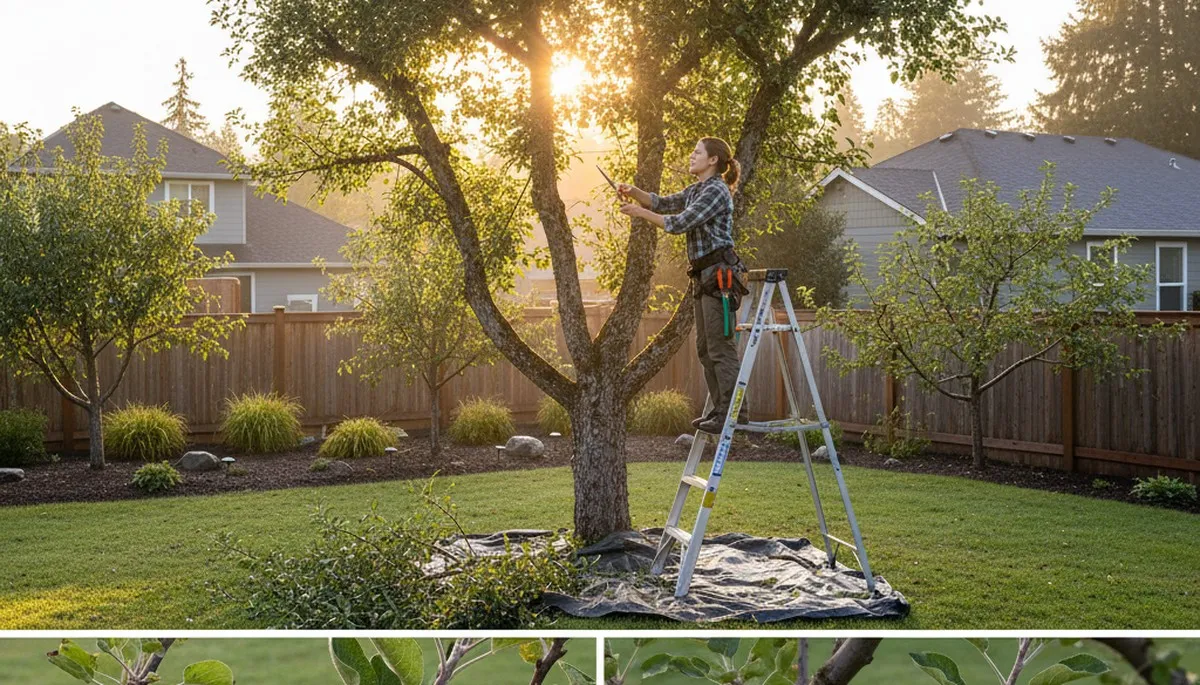 Arborist pruning fruit tree in Redmond WA backyard orchard for healthy growth and expert tree care