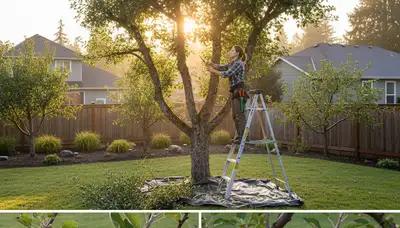 Arborist pruning fruit tree in Redmond WA backyard orchard for healthy growth and expert tree care