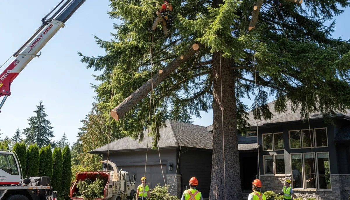 Professional arborists performing large tree removal with bucket truck in Redmond, WA neighborhood