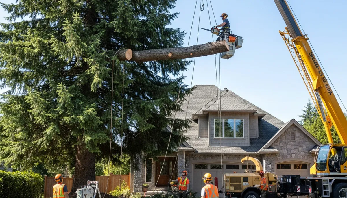 Professional crew performing large tree removal with bucket truck in Redmond, WA residential area