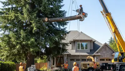 Professional crew performing large tree removal with bucket truck in Redmond, WA residential area