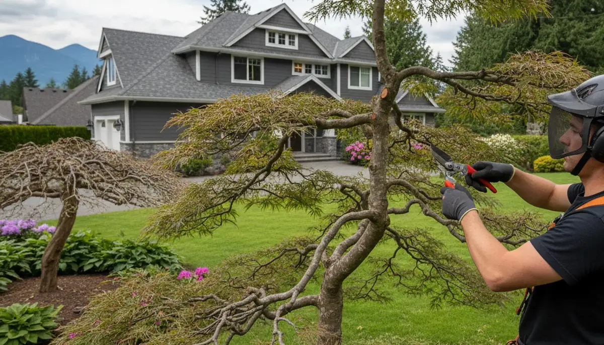 Arborist hand pruning Japanese maple for ornamental tree shaping in Redmond, WA landscape