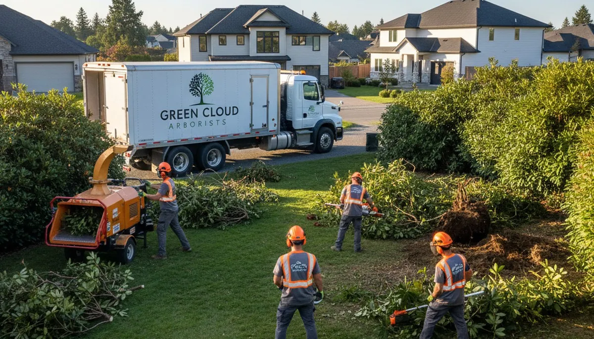Professional shrub removal service in Redmond, WA with crew clearing overgrown bushes safely