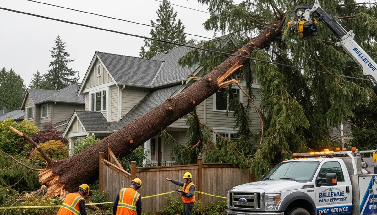Emergency tree removal crew clearing storm-damaged trees in Redmond, WA after severe weather