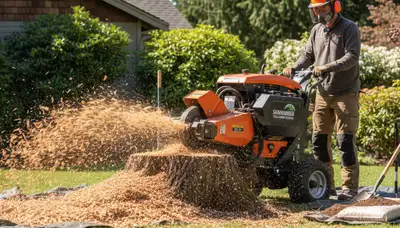 Professional stump grinding removing tree stumps in Redmond, WA yard for tree service and lawn restoration