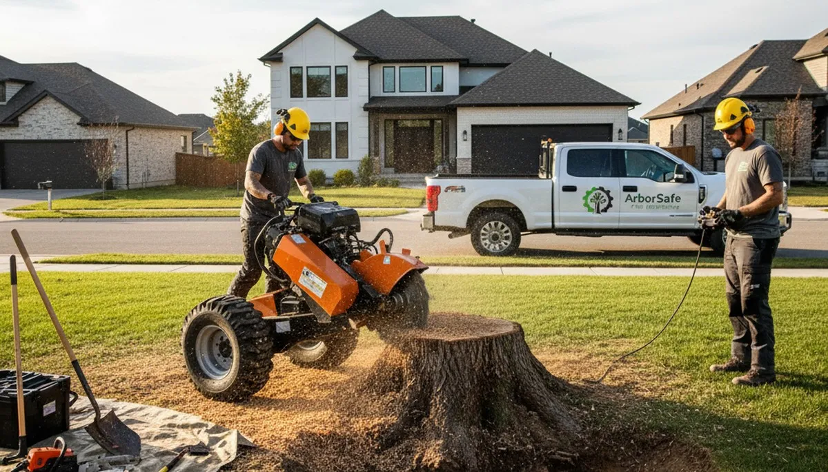 Arborist performing stump grinding in Redmond, WA for professional tree removal service