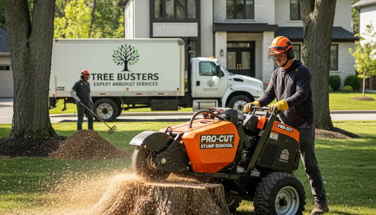 Technician performing stump removal with grinder in Redmond, WA yard
