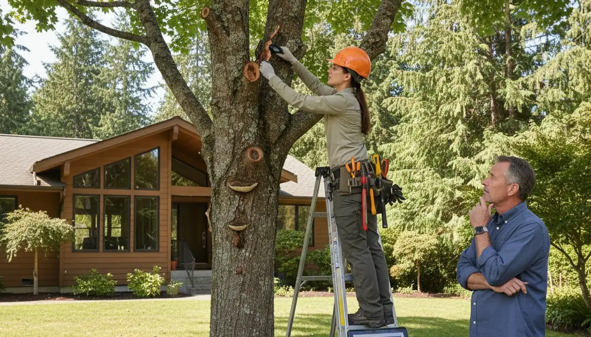 Certified arborist performing tree health assessment for Redmond, WA home tree removal service