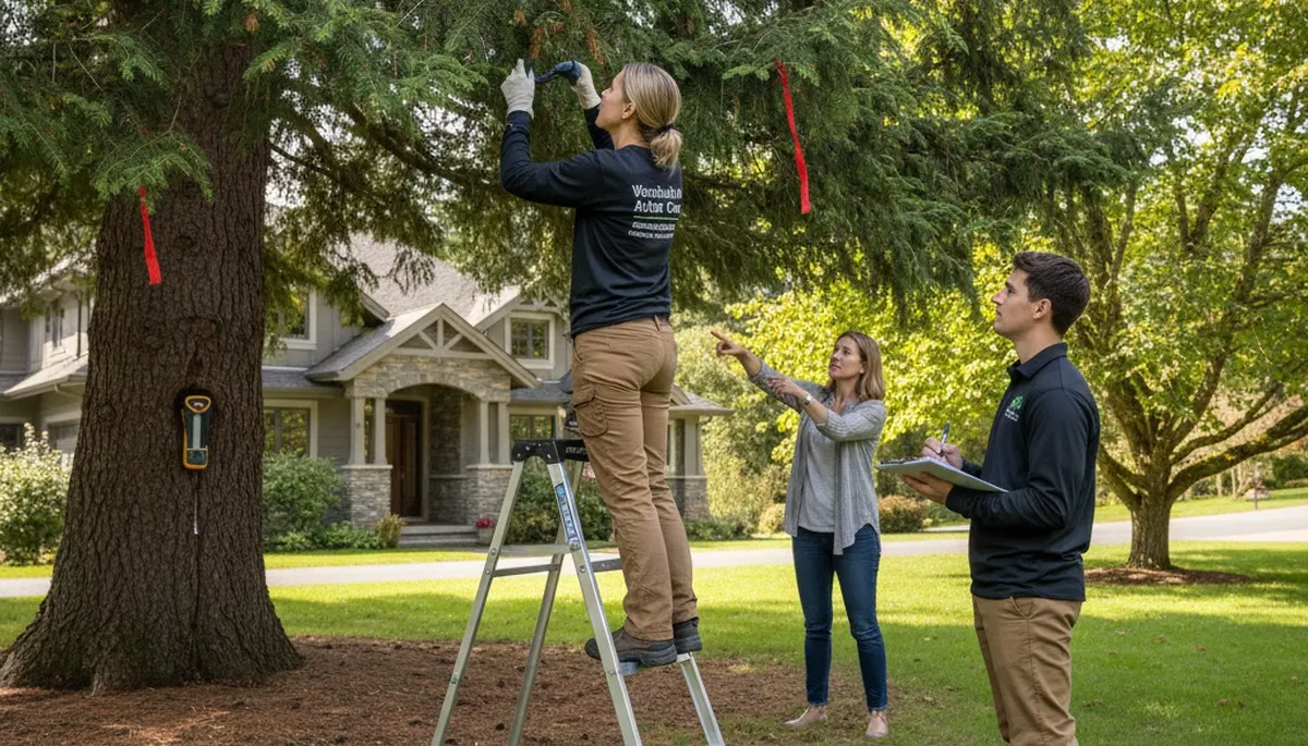 Certified arborist performing tree health assessment for safe tree removal in Woodinville, WA
