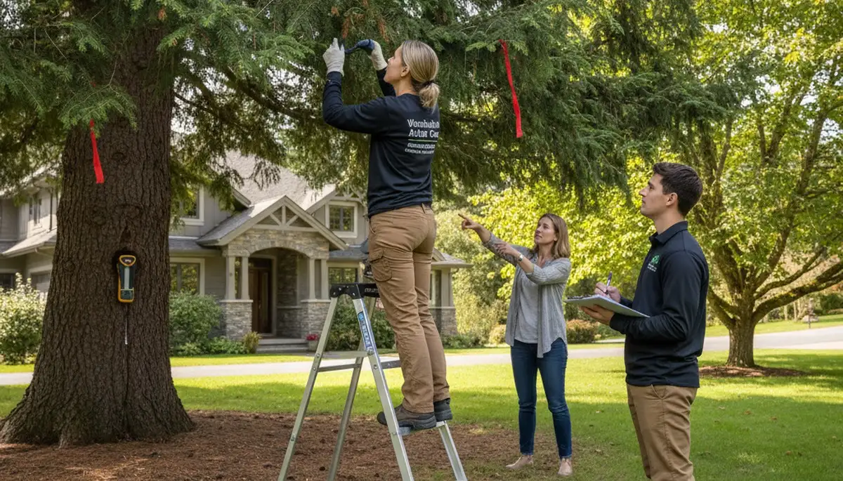 Certified arborist performing tree health assessment for safe tree removal in Woodinville, WA