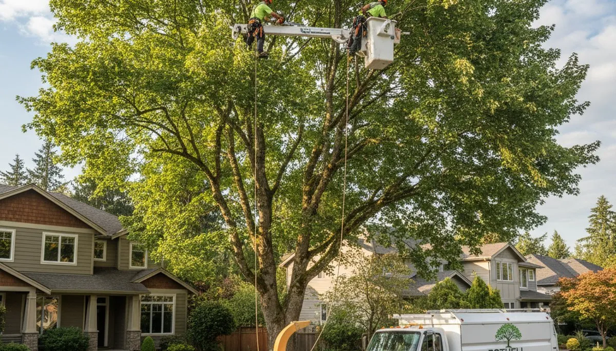 Professional tree removal service in Redmond WA safely clearing large trees near residential property