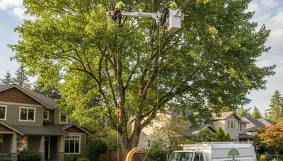 Professional tree removal service in Redmond WA safely clearing large trees near residential property