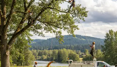 Professional tree removal service in Redmond WA safely cutting down a large pine tree