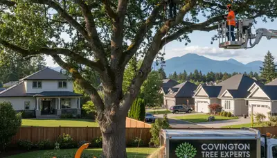 Professional tree removal service in Redmond WA safely cutting and clearing large oak tree