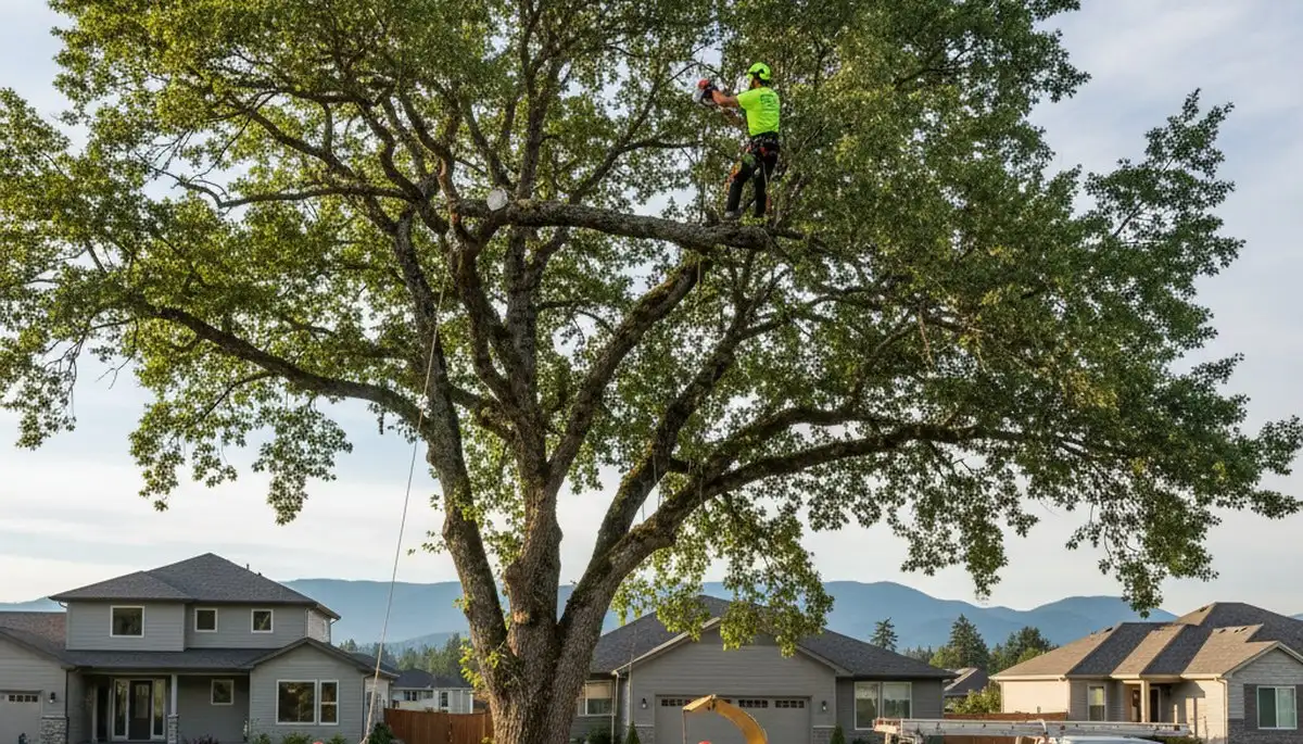 Professional tree removal service team in Redmond WA safely cutting down large backyard tree