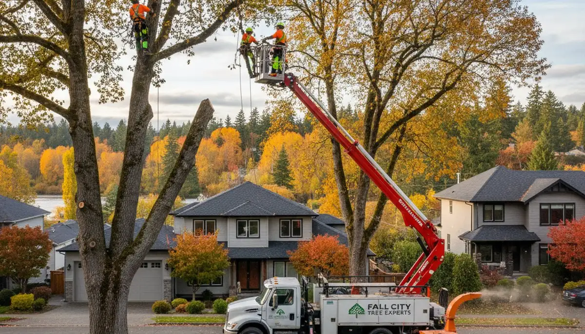 Professional tree removal service in Redmond WA safely cutting large tree near residential property