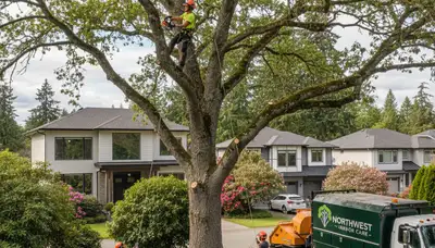Professional tree removal service in Redmond WA safely cutting and hauling large damaged trees