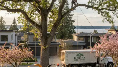 Professional tree removal service in Redmond WA safely clearing large pine near residential property