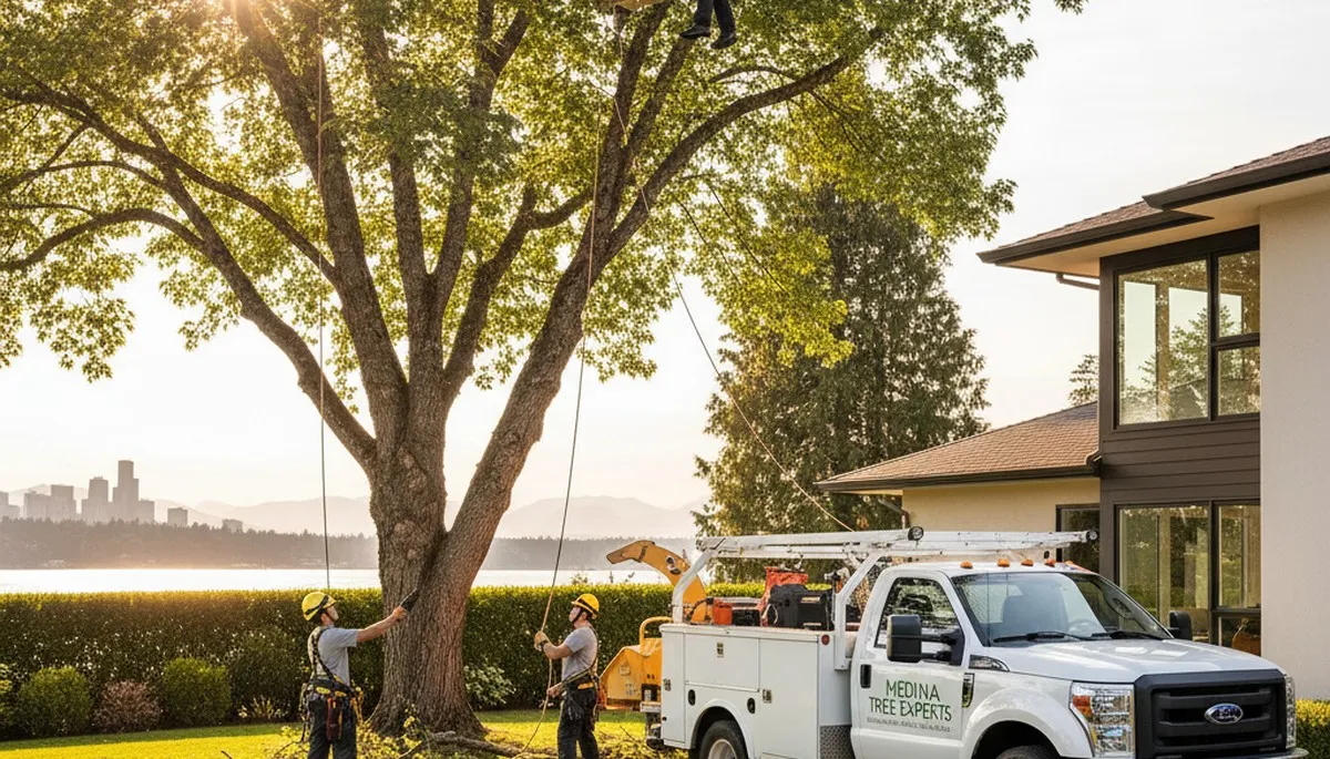 Professional tree removal service team working in Redmond WA residential yard