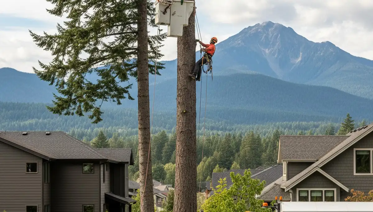 Professional tree removal service team in Redmond WA safely cutting and clearing large trees
