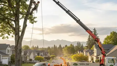 Professional tree removal service in Redmond WA safely clearing large oak near residential home