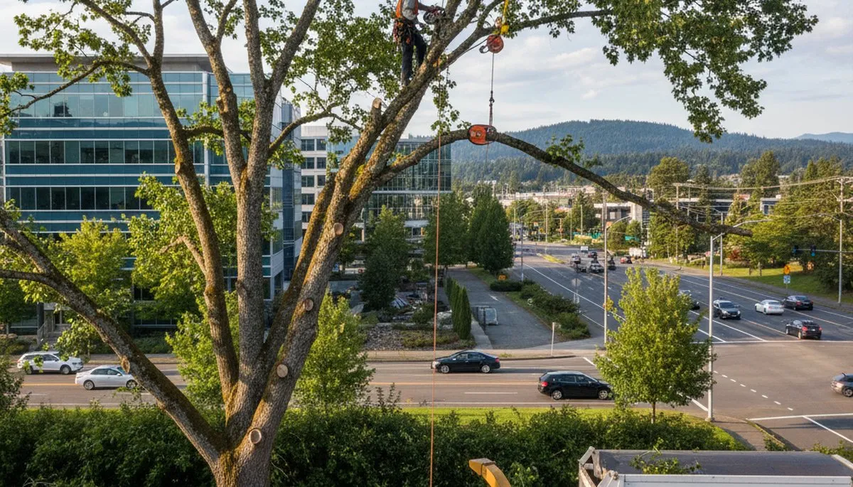 Professional tree removal service in Redmond WA safely cutting down large backyard trees